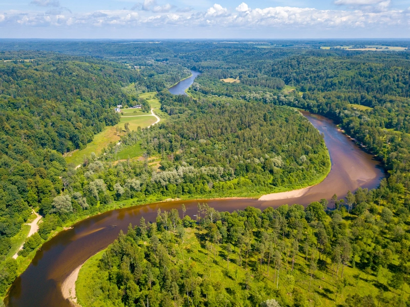 Aerial shot of Gauja river in Sigulda, Latvia