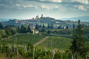 Panoramic view of vineyard against sky medieval tuscany town san gimignano italy